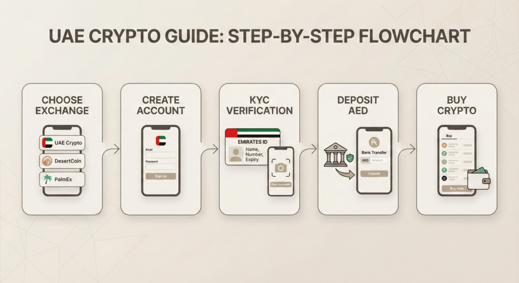 A flowchart titled 'UAE Crypto Guide: Step-by-Step Flowchart' with five steps: 1) Choose Exchange, featuring options like UAE Crypto, DesertCoin, and PalmEx; 2) Create Account, showing a sign-up screen; 3) KYC Verification, displaying an Emirates ID for identity verification; 4) Deposit AED, illustrating bank transfer instructions; 5) Buy Crypto, depicting a mobile app interface for purchasing cryptocurrencies.