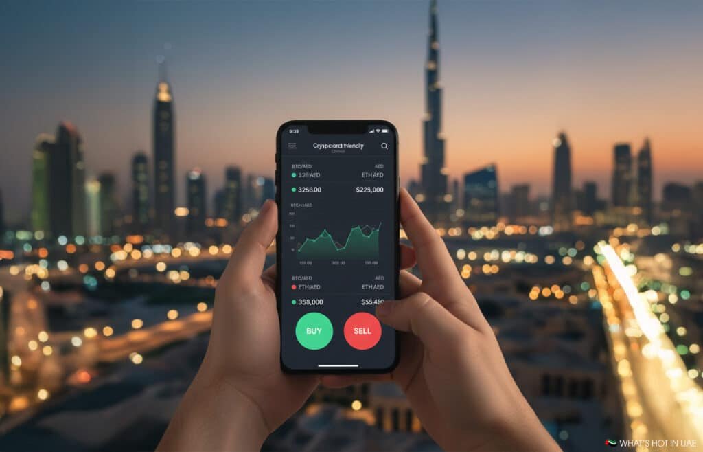 A person holding a smartphone displaying a cryptocurrency trading app with buy and sell options, in front of a cityscape backdrop at dusk.