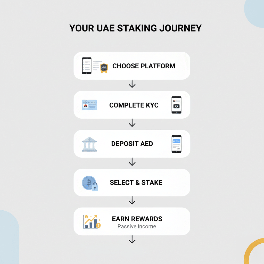 Flowchart titled 'Your UAE Staking Journey' showing five steps with icons: 1. Choose Platform, 2. Complete KYC, 3. Deposit AED, 4. Select & Stake, 5. Earn Rewards, Passive Income.