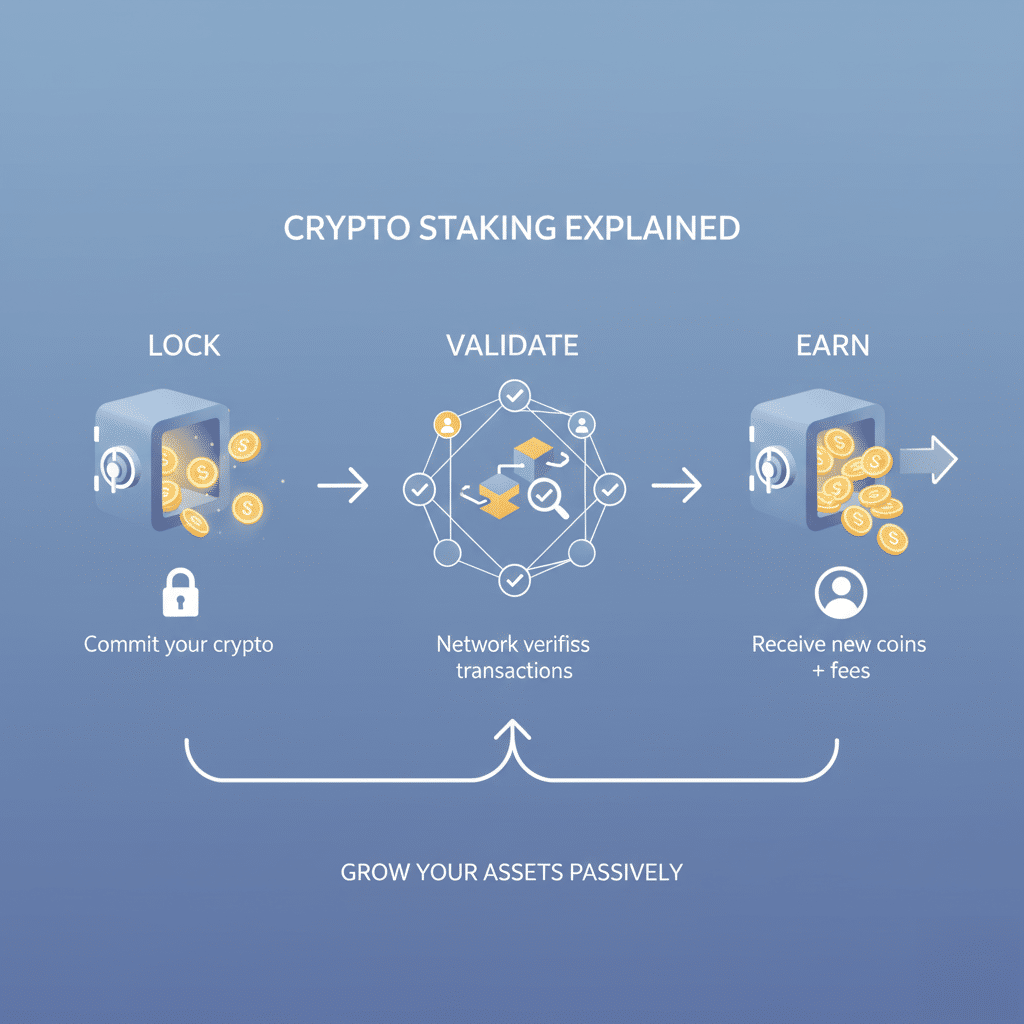 Infographic titled 'Crypto Staking Explained' illustrating three steps: 'Lock' showing coins going into a safe to commit your crypto, 'Validate' depicting a network verifying transactions, and 'Earn' illustrating the receipt of new coins and fees, with a note at the bottom saying 'Grow your assets passively.'