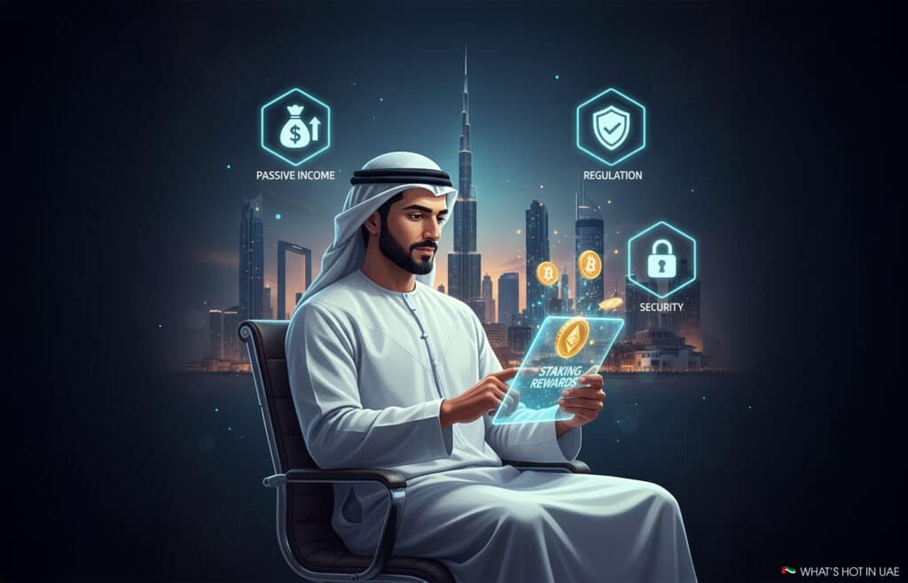 A man in traditional Middle Eastern attire, seated in a chair, interacts with a digital tablet displaying Ethereum and Bitcoin icons. Surrounding him are holographic icons labeled 'Passive Income,' 'Regulation,' and 'Security,' set against a backdrop of a modern city skyline at dusk, featuring tall skyscrapers.