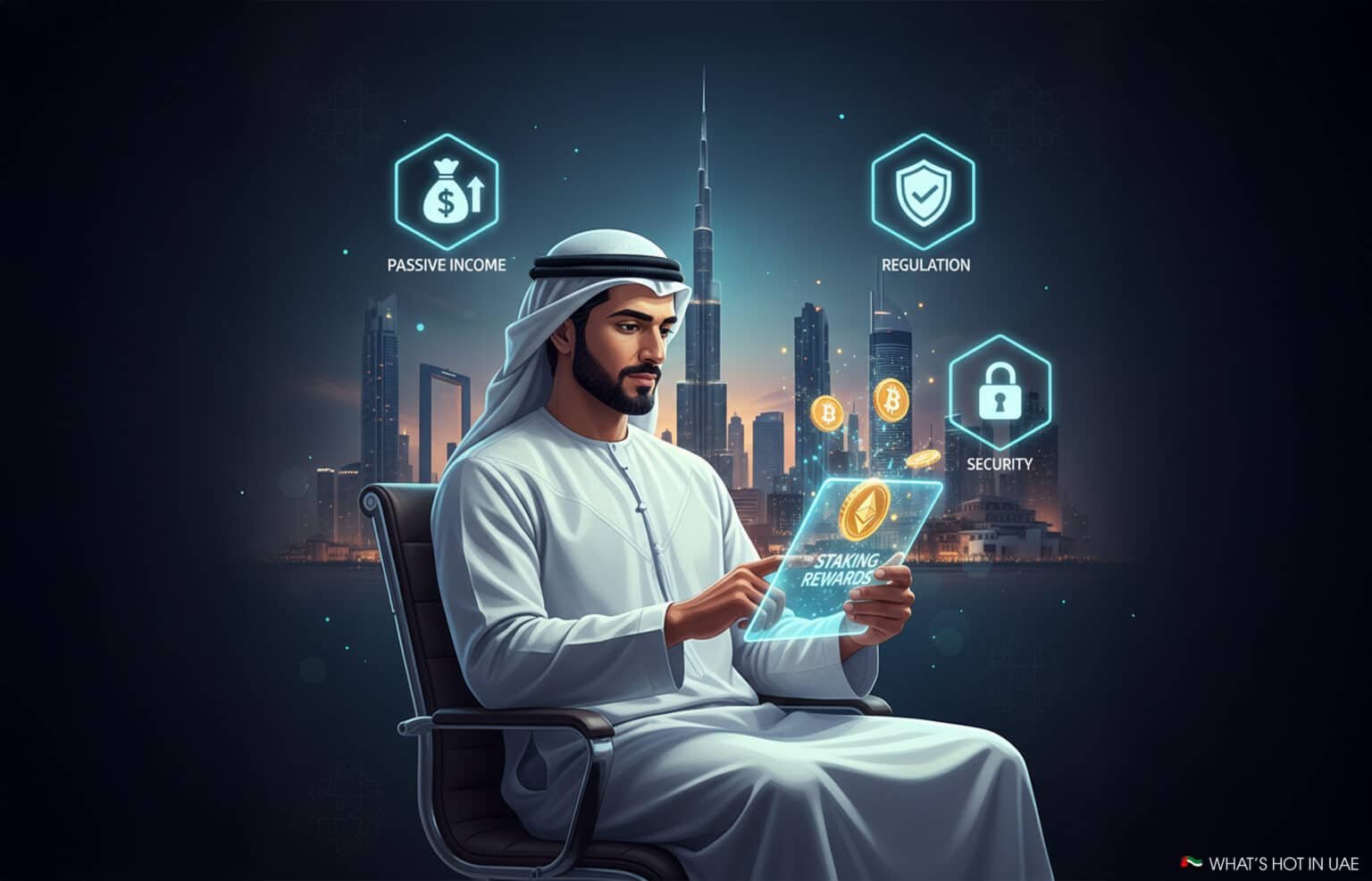 A man in traditional Middle Eastern attire, seated in a chair, interacts with a digital tablet displaying Ethereum and Bitcoin icons. Surrounding him are holographic icons labeled 'Passive Income,' 'Regulation,' and 'Security,' set against a backdrop of a modern city skyline at dusk, featuring tall skyscrapers.