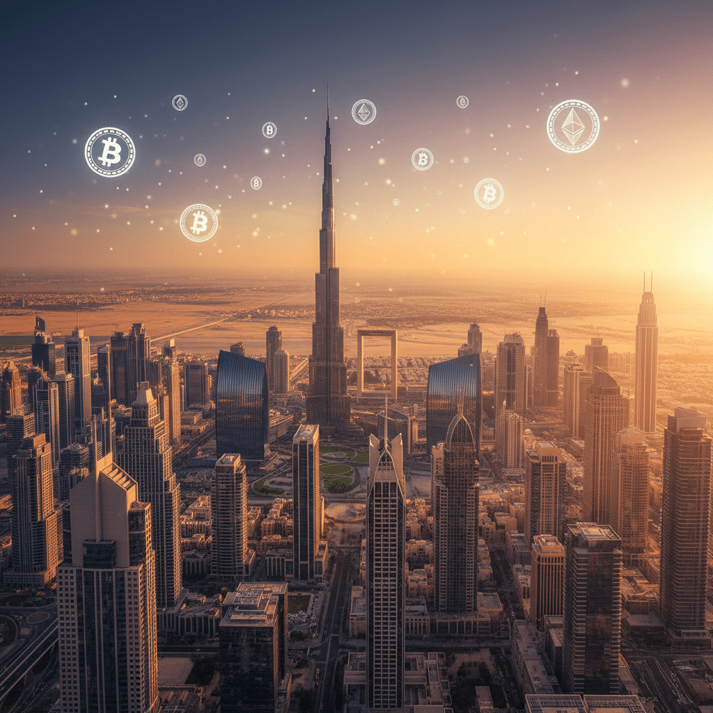 Aerial view of a city skyline at sunset with digital cryptocurrency symbols, including Bitcoin and Ethereum logos, floating in the sky.
