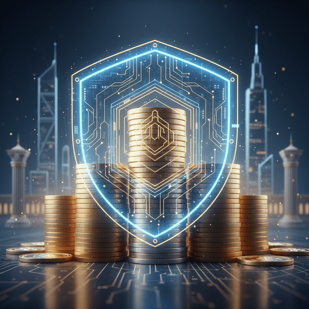 A stack of gold coins surrounded by a digital shield hologram, symbolizing cybersecurity in finance, with a futuristic city backdrop at dusk.