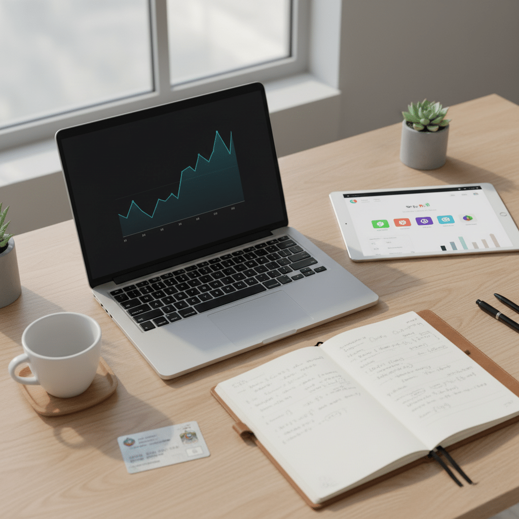 A laptop displaying a Crypto Tax in The UAE graph with increasing data points, a tablet showing colorful icons and charts, an open notebook with handwritten notes, a coffee cup on a wooden coaster, and a card lying on a wooden desk with two small potted plants nearby, all set against a bright window backdrop.