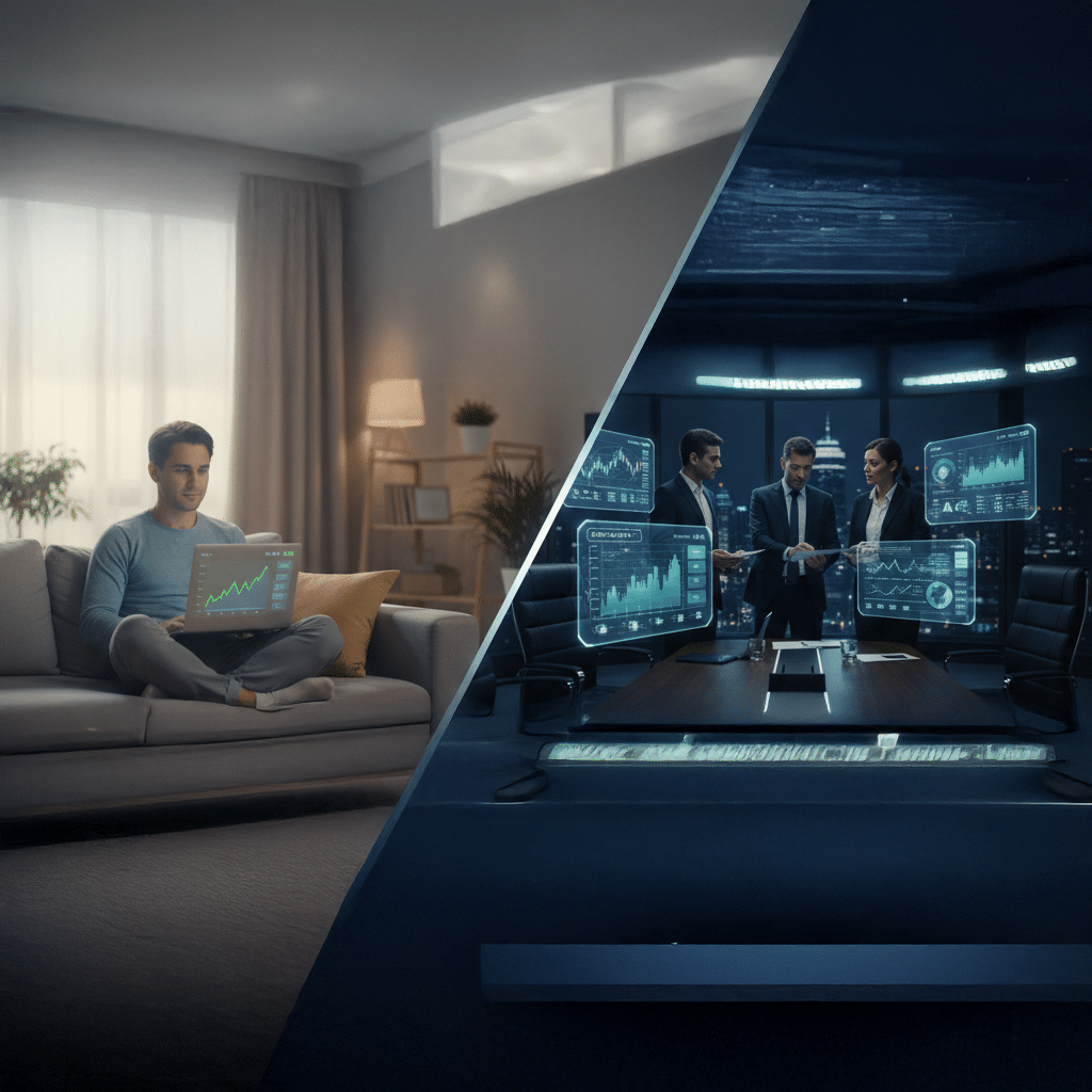 A split image showing a man sitting on a sofa with a laptop, looking at Crypto Tax in The UAE graphs, on the left, and three businesspeople in a modern office with large digital displays and graphs on the right.