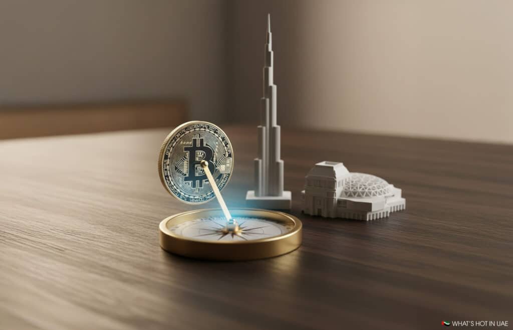 A digital representation of a Bitcoin coin standing on a compass, with miniature models of the Burj Khalifa and another domed building in the background on a wooden surface.