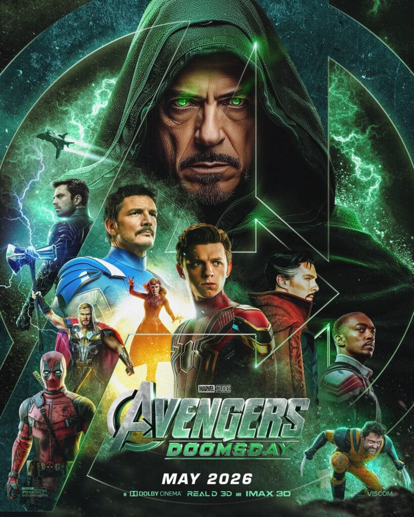 A movie poster for "Avengers: Doomsday" depicting various superheroes and a hooded figure in the background, with a release date of May 2026.