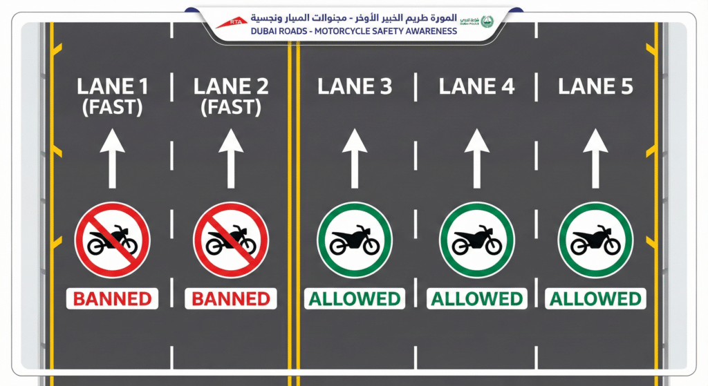 Diagram showing lane usage for motorcycles on Dubai roads: Lane 1 and Lane 2 (marked as FAST) have motorcycles banned signs, while Lane 3, Lane 4, and Lane 5 have motorcycles allowed signs. The image emphasizes motorcycle safety awareness. By Dubai Police New Rules for Delivery Riders