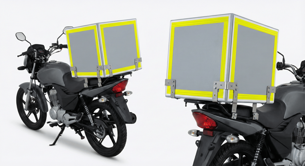 Two images of a grey motorcycle equipped with a large grey delivery box featuring reflective yellow edges, mounted on the rear.