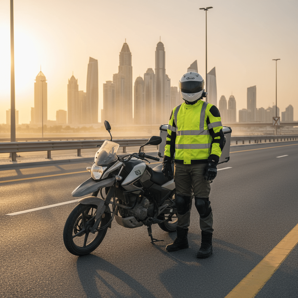 Dubai Police New Rules for Delivery Riders: A person wearing a high-visibility jacket and helmet stands next to a motorcycle on a highway, with a city skyline in the background at sunrise.