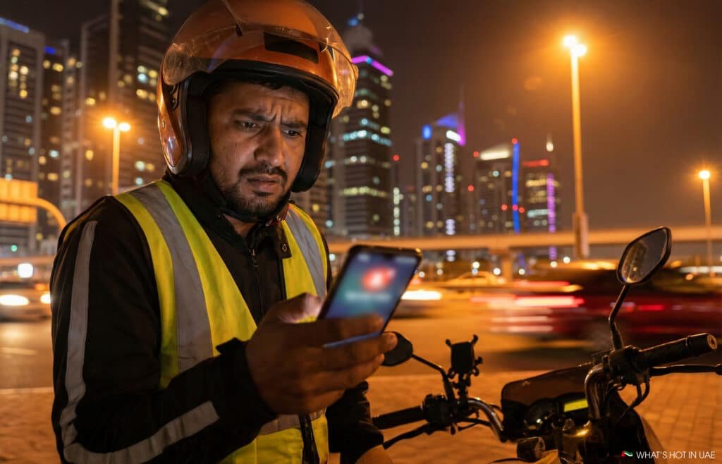 A delivery rider wearing a helmet and reflective vest is looking at his phone with a concerned expression while sitting on a parked motorcycle in an urban area at night. Skyscrapers with illuminated windows and passing cars with blurred lights can be seen in the background.