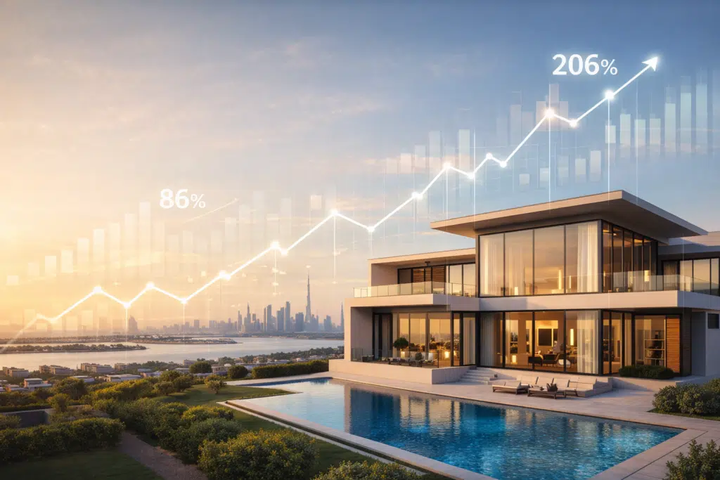Modern house with large windows and a pool, set against a city skyline, with an upward-trending Dubai Villa Prices graph and percentages overlay.