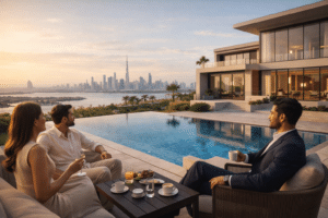 Three people sit on a terrace overlooking a pool with a city skyline in the background at sunset.