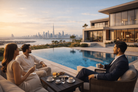 Three people sit on a terrace overlooking a pool with a city skyline in the background at sunset.