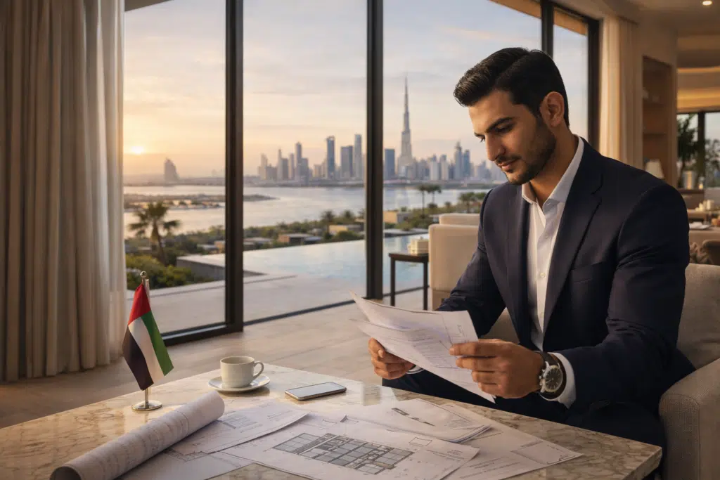 A man in a suit reviews architectural Dubai Villa Prices plans at a table, with a UAE flag and a city skyline visible through large windows.