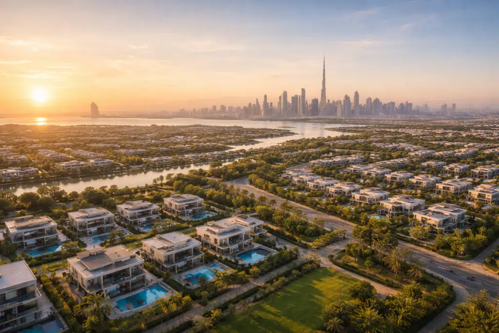Aerial view of a residential area with pools and greenery, overlooking a city skyline at sunset.