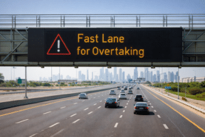 Highway with cars and a digital sign overhead reading "Fast Lane for Overtaking," city skyline visible in the background.