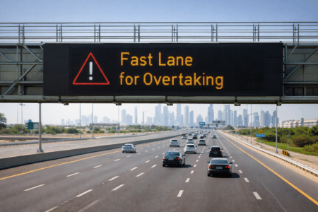 Highway with cars and a digital sign overhead reading "Fast Lane for Overtaking," city skyline visible in the background.