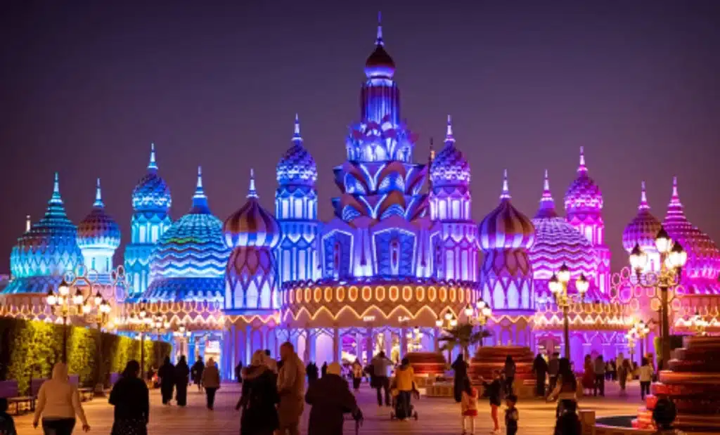 A colorful, illuminated Global Village with onion-shaped domes under a night sky, surrounded by visitors.