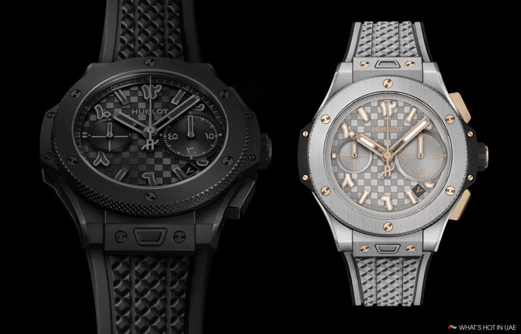 Two wristwatches displayed side by side, one in black with a textured rubber strap and the other in silver and gold with a metallic strap, both featuring Arabic numerals and checkerboard patterns on the dials.