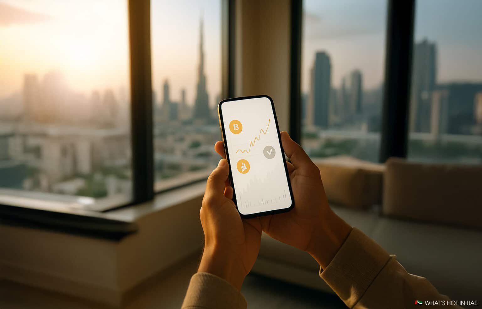 A person holds a smartphone displaying a cryptocurrency chart against a backdrop of a city skyline with a prominent tower in the distance.
