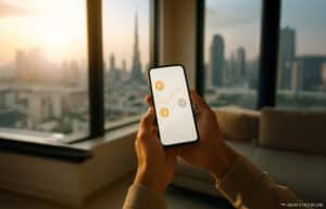A person holds a smartphone displaying a cryptocurrency chart against a backdrop of a city skyline with a prominent tower in the distance.