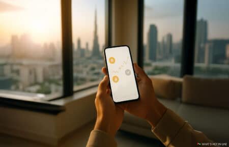 A person holds a smartphone displaying a cryptocurrency chart against a backdrop of a city skyline with a prominent tower in the distance.