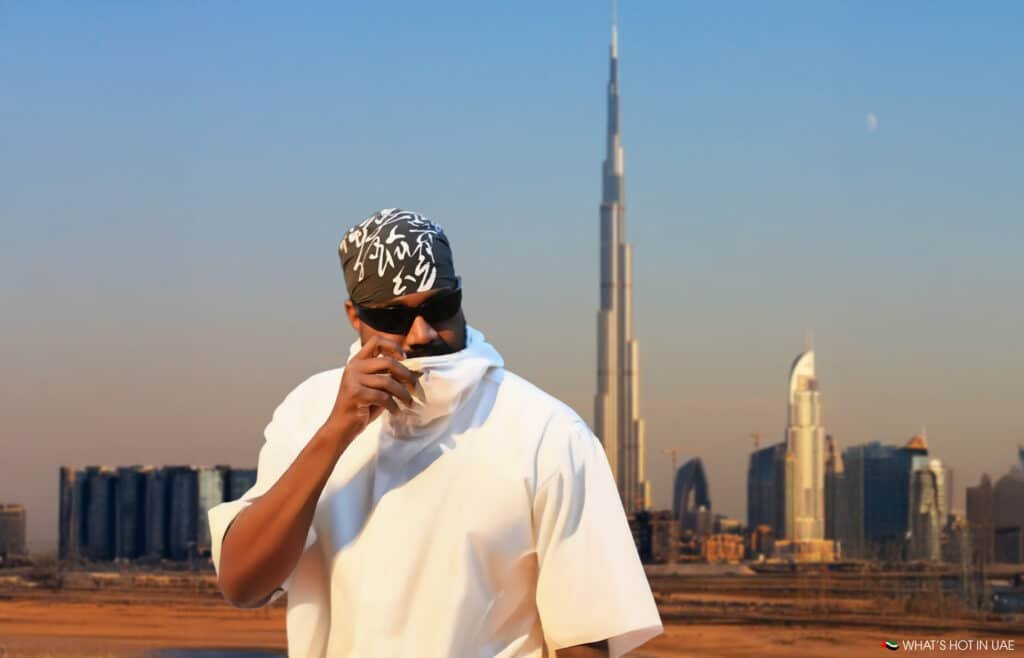 A person wearing sunglasses and a bandana stands in front of a cityscape featuring the Burj Khalifa in Dubai.