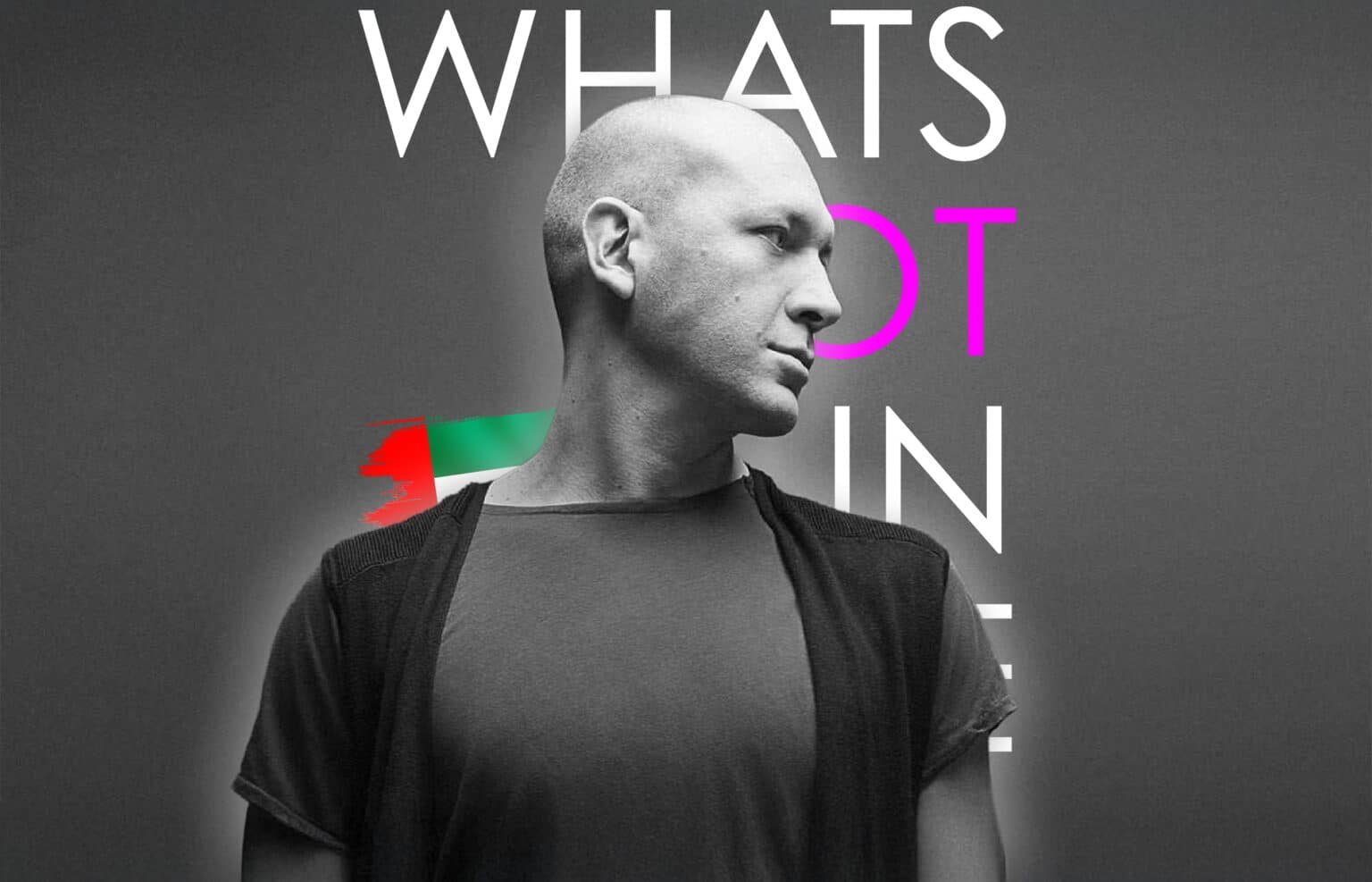 A monochrome portrait of a person looking sideways with stylized text partially covering the background.