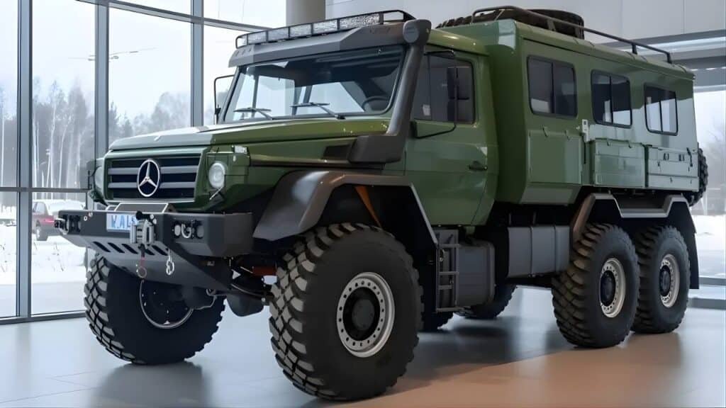 A large, green 6x6 off-road vehicle  displayed indoors with oversized tyres and rugged features.