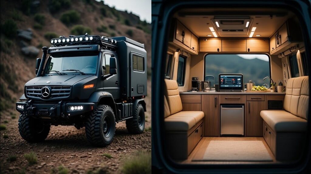 A composite image showing a rugged off-road vehicle on the left and the interior of a luxurious camper van with a modern kitchen setup on the right.