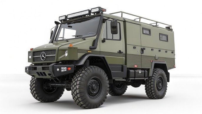 A green Mercedes-Benz Unimog off-road vehicle with rugged tires and a boxy design, equipped with additional lights on the roof and side mirrors, designed for heavy-duty or expedition use.