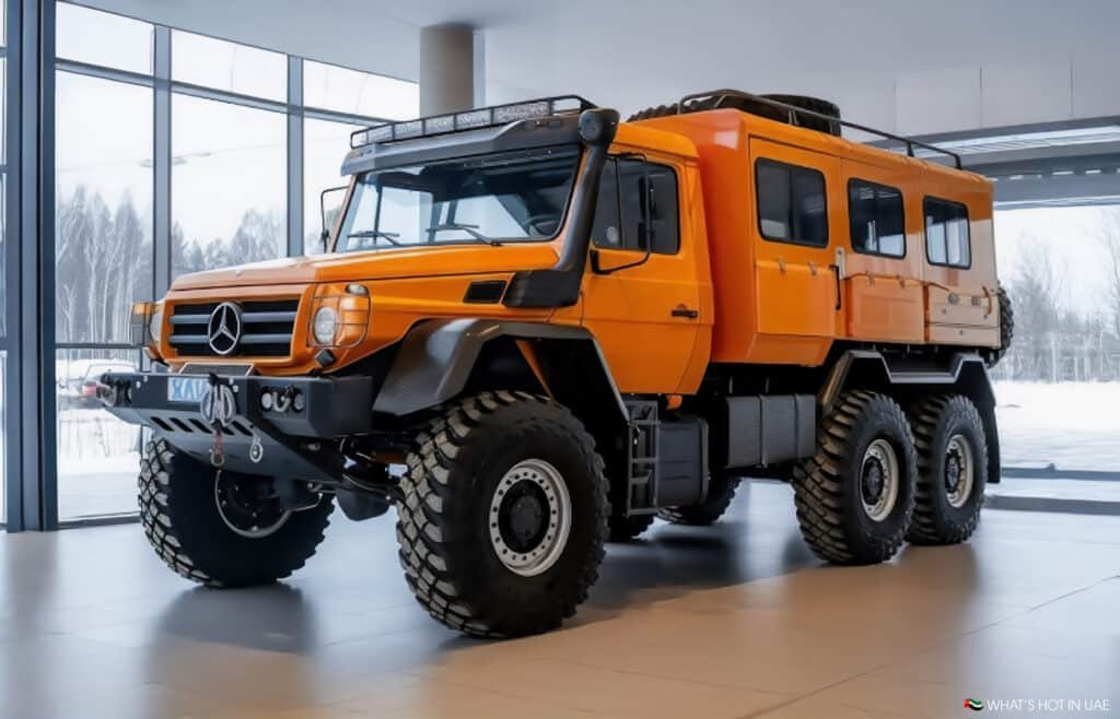 An orange, six-wheeled Mercedes-Benz off-road vehicle with large tires, displayed indoors in a showroom with large windows.