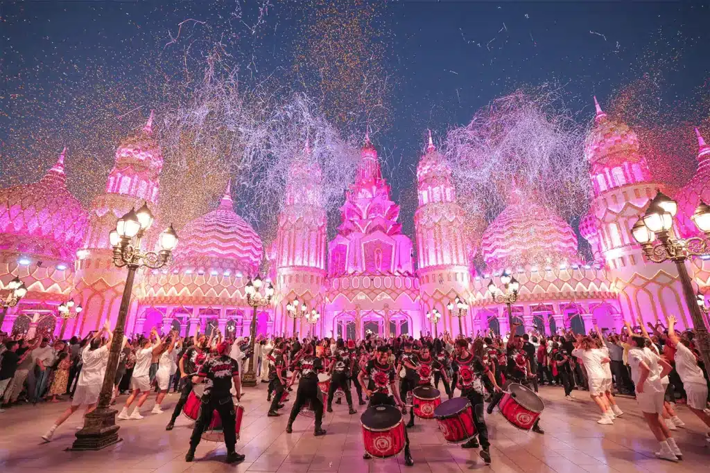 A vibrant festival scene with performers in colorful costumes and drummers in front of an ornate, pink-lit building.