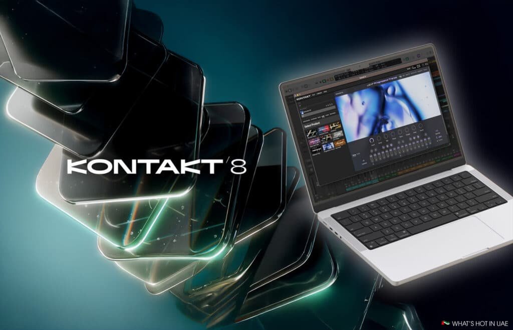 A futuristic display of overlapping, semi-transparent rectangular shapes with the text 'KONTAKT 8' next to a laptop showing digital music production software on its screen.
