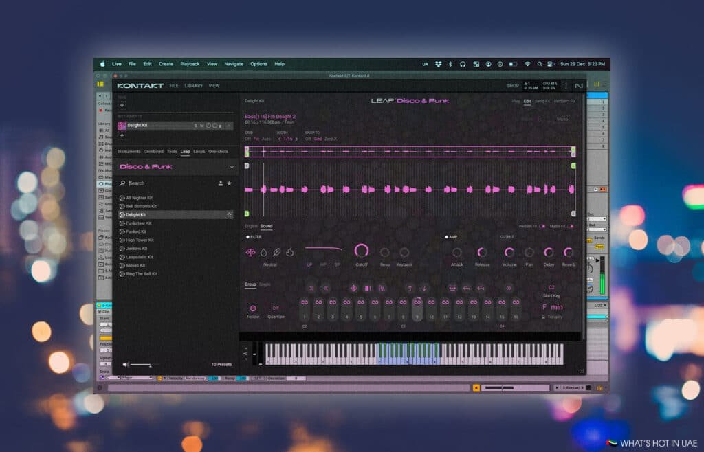 A screenshot of music production software showing a disco and funk sound library with various kits like "Delight Kit" and "Funkateer Kit." The interface is dark with pink accents, featuring options for sound editing including filters, volume, and reverb adjustments, alongside a digital keyboard at the bottom. The blurred background suggests city lights at night.