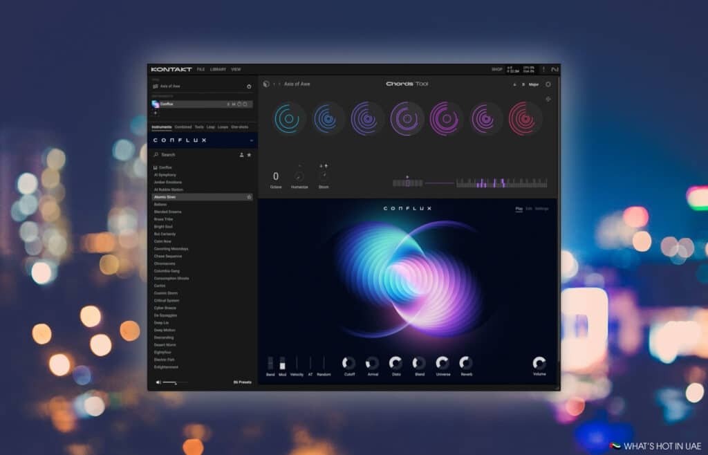 A computer interface for Native Instruments Kontakt 8 music software called 'Conflux' is displayed over a blurred, colorful cityscape background. The interface shows various music tools, settings, and a vibrant swirl graphic in the center.