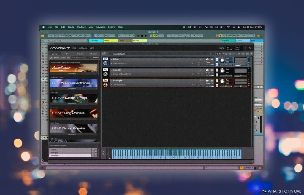 A screenshot of a digital audio workstation (DAW) interface featuring a Kontakt sampler window with various sound libraries like 'LEAP Progressive Trance' and 'LEAP Latin Trap' displayed on the left and multiple instrument tracks on the right.
