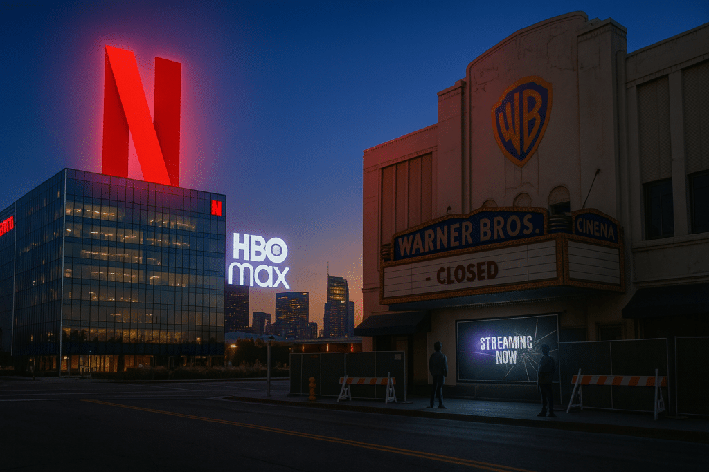A digital artwork showing a cityscape at dusk with a glowing red Netflix logo on a building and an illuminated HBO Max sign. A nearby Warner Bros. cinema displays a "CLOSED" sign, with a "STREAMING NOW" poster beneath it.