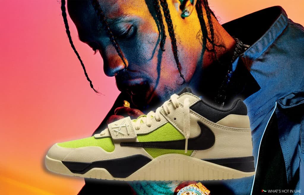 A stylish sneaker featuring a contrasting black and neon green color scheme is displayed against a vibrant, colorful background with a person's face partially visible.