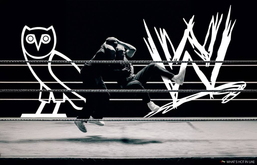 Two wrestlers in mid-action in a ring, with a stylized owl and "W" logo in the background.