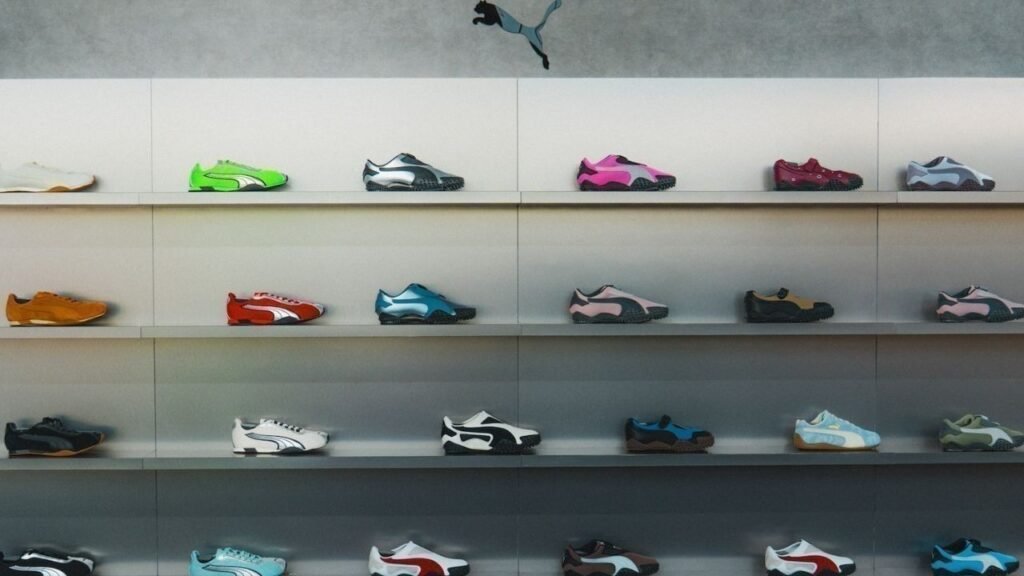 Shelves at the Puma Lounge Dubai displaying an array of colorful sports shoes, with a Puma logo above.