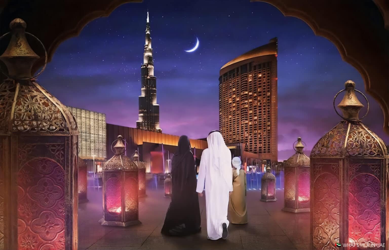 A group of people in traditional attire walk towards a lit-up cityscape, featuring a crescent moon and the Burj Khalifa in the background.