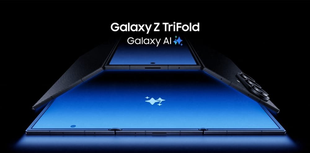 A promotional image of the Galaxy Z TriFold device showcasing its trifold design, with the text 'Galaxy Z TriFold' and 'Galaxy AI' at the top.