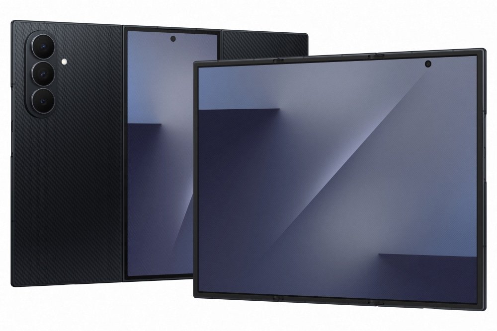 A foldable Samsung Galaxy Z TriFold smartphone with a large dual-screen display, showing both the interior and exterior views, featuring a triple camera system on the back.