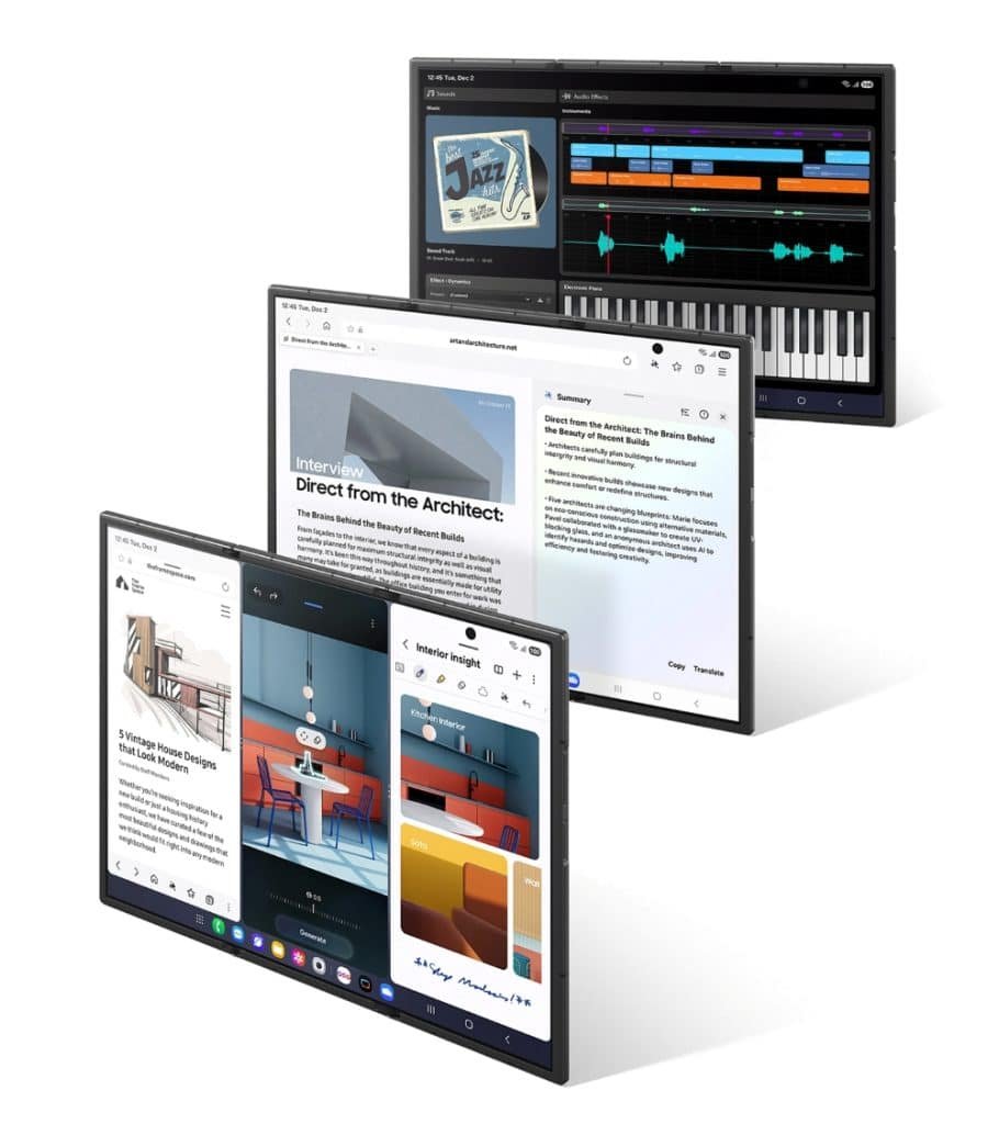 Three digital Samsung Galaxy Z TriFold phones showing different applications, including a music production app, a web article about architecture, and design software, floating over a white background.