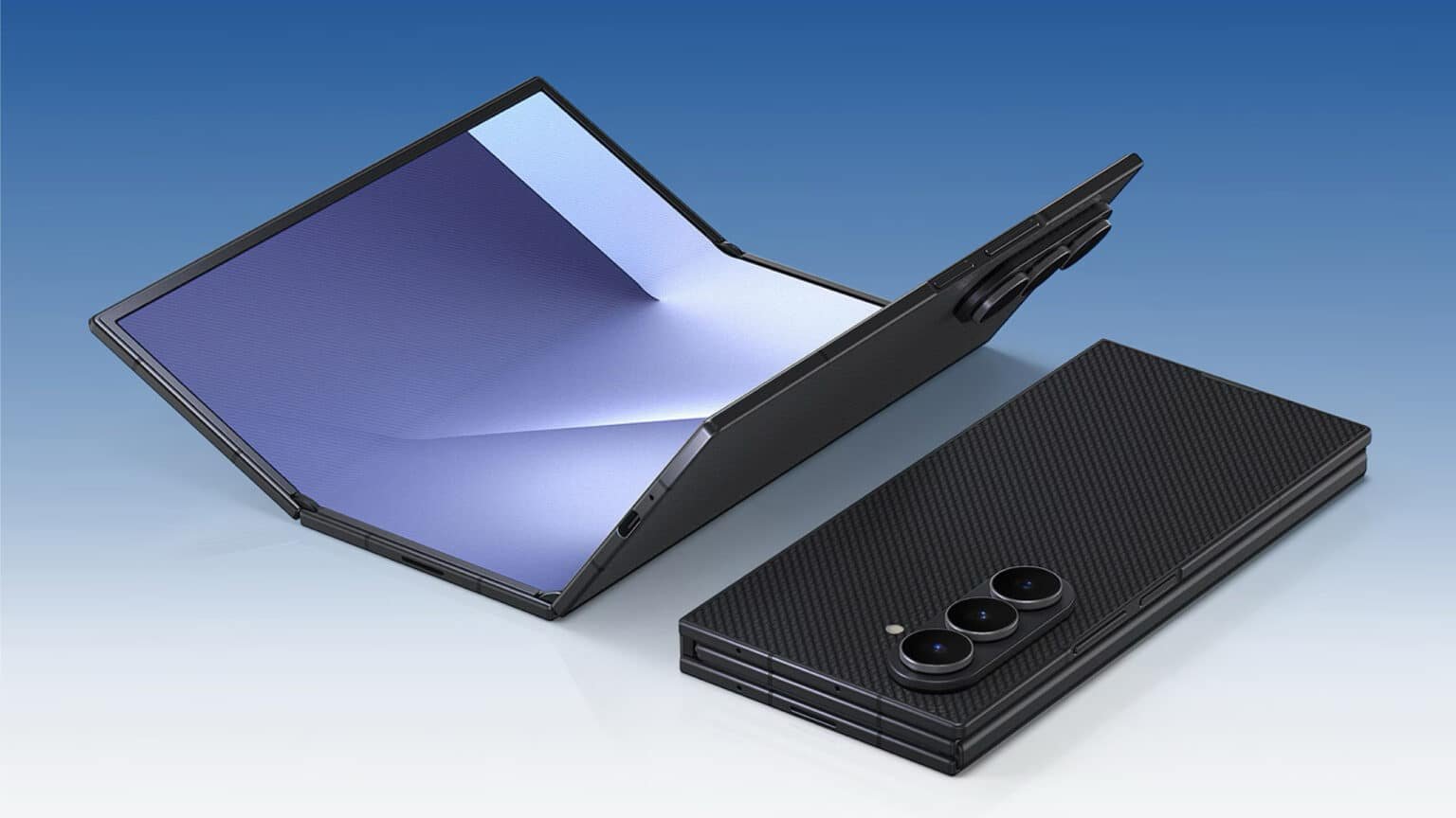 A folding smartphone with a multi-lens camera setup, displayed in both open and closed positions against a blue gradient background.