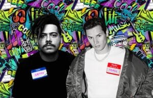 Two individuals with name tags stand against a vibrant, graffiti-style backdrop featuring phrases like "BFF" and "Life of Music."