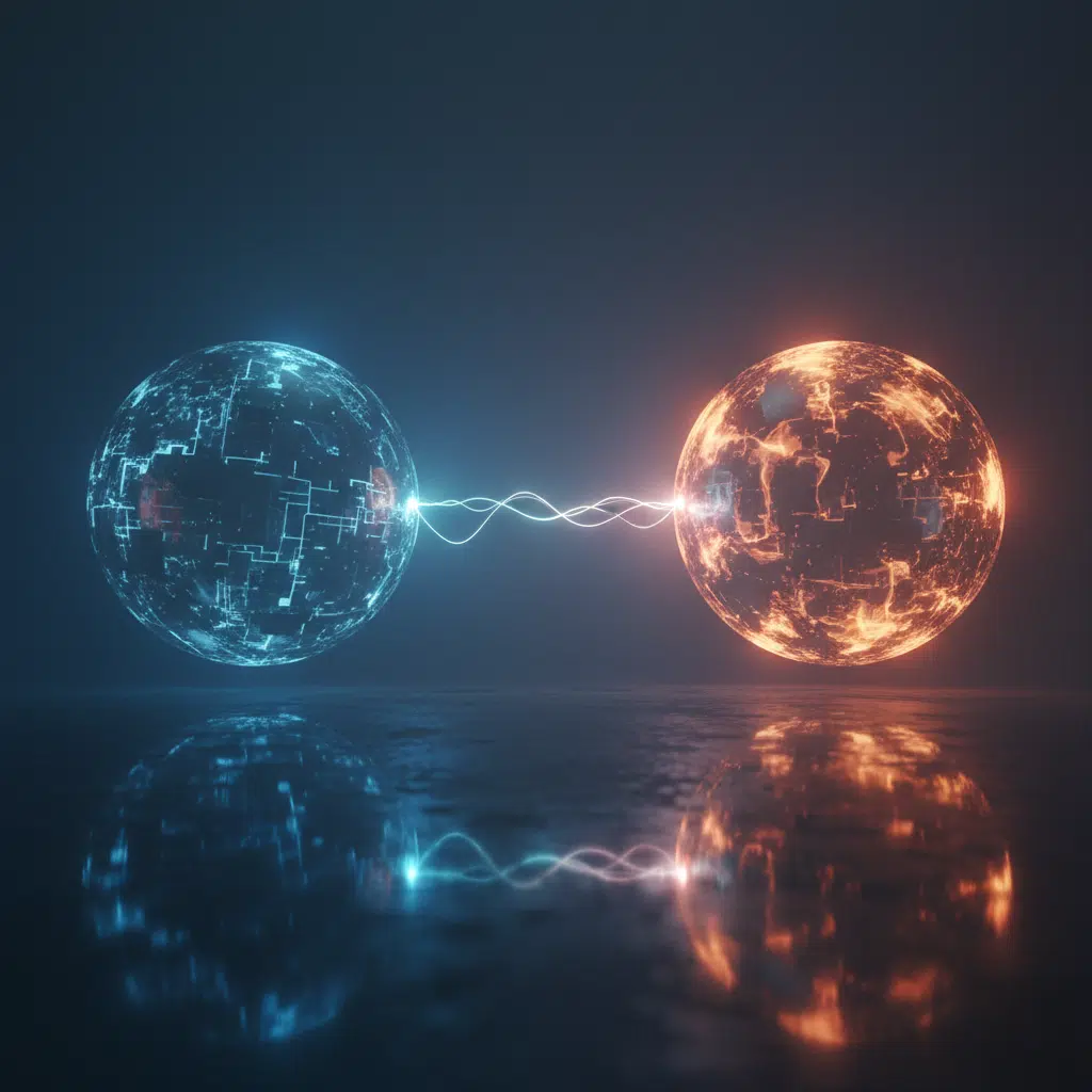 Two glowing Solana vs Cardano spheres, one blue and one orange, are connected by a swirling light strand on a reflective surface.